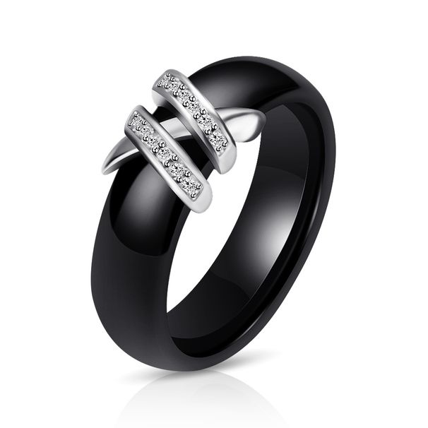 Anello in acciaio e ceramica con intarsio di diamanti Dual X in bianco e nero da 6 mm, per uomo e donna, stile minimalista unisex._voghion.com
