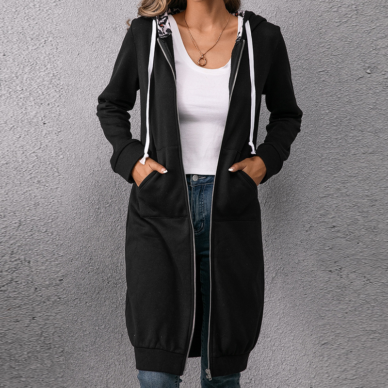 Women's clothing loose casual leopard print color matching medium long hoodie stand alone cardigan top_voghion.com