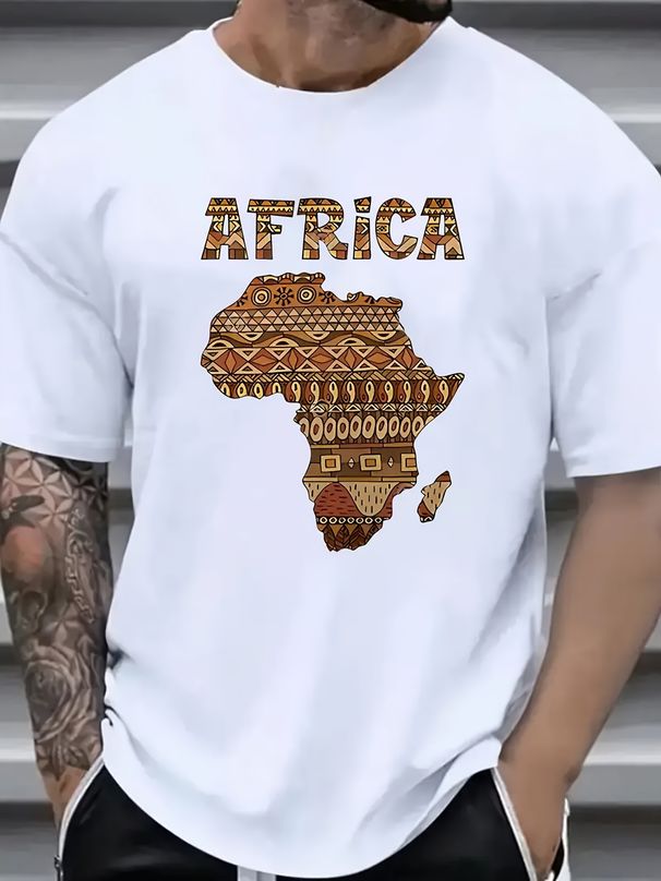 Lässige Herrenmode in Übergrößen mit Afrika-Print. Bequeme, atmungsaktive Baumwolle, Rundhalsausschnitt, Kurzarm, Grafikprint._voghion.com