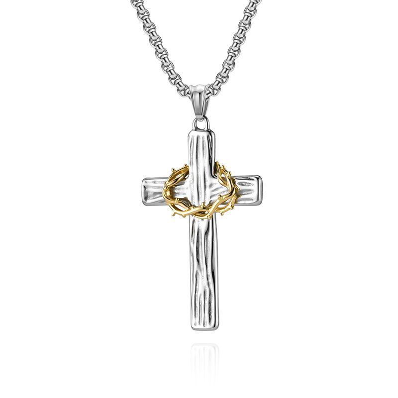 Men's Jewelry Retro Titanium Steel Wreath Cross Necklace Two Color Wood Grain Stainless Steel Prayer Pendant Literary Cold Jewelry_voghion.com