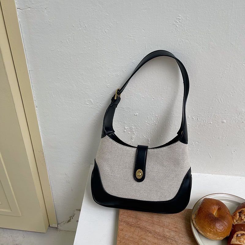 2024 Spring/Summer Contrast Color Handbag Canvas Style Spliced One Shoulder Underarm New French Stick Bag_voghion.com