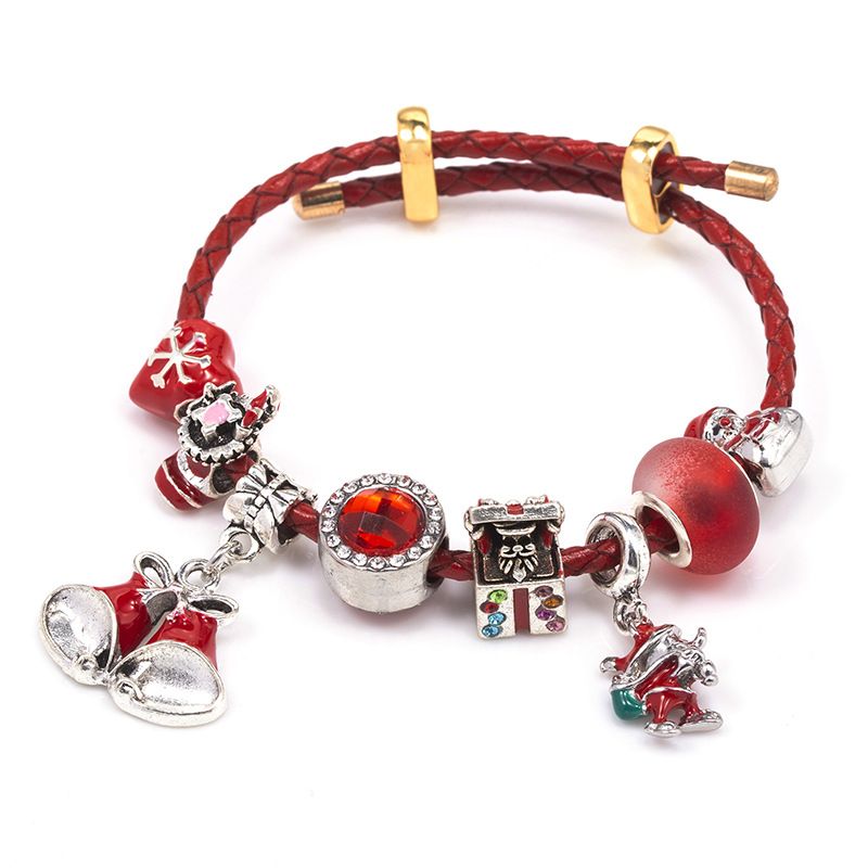 Braccialetti con ciondoli Bracciale fai da te per bambini Bracciale in corda di pelle regolabile con perline di cristallo rosso in stile natalizio_voghion.com