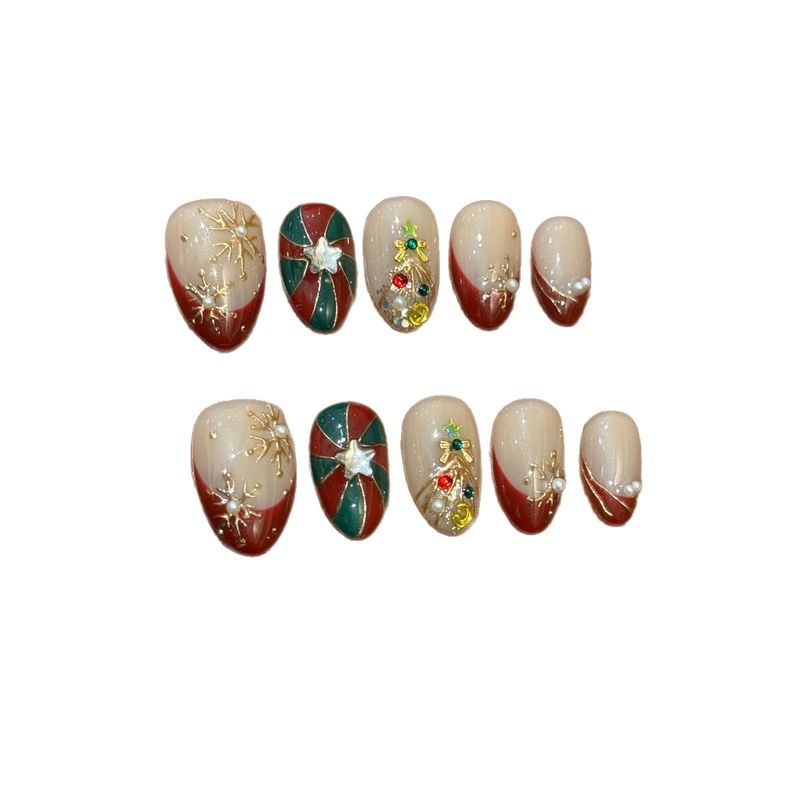 Thema Handgemaakte draagbare nagels Rood Goud Groene kerstboom Sneeuwvlok Diamant-ingelegde kunst Feestelijke sfeer Afgewerkt_voghion.com