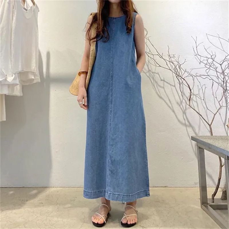 Gonna alla moda, scollo rotondo, senza maniche, gilet lungo e ampio, vestaglia in denim, abito da donna_voghion.com