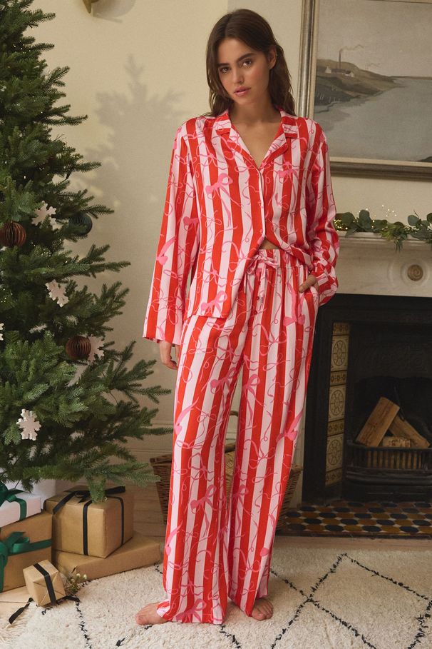 Neues Loungewear-Set mit Streifenmuster – Weiches Langarm-Oberteil und weite Hose für Damen (Rot, S-XL)_voghion.com