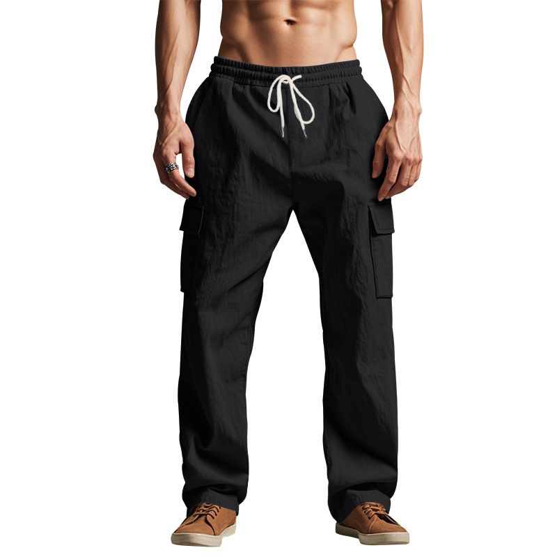 Herrenbekleidung Leinen Dünn Atmungsaktiv Arbeitskleidung Multi Pocket Lose Freizeithose Lange Hose_voghion.com