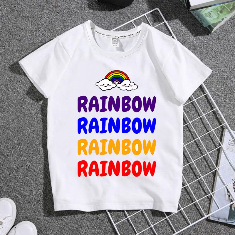 Îmbrăcăminte pentru copii Rainbow Friends, imprimeu de desene animate pentru băieți și fete, bluze cu mânecă scurtă, îmbrăcăminte pentru părinți și copii_voghion.com