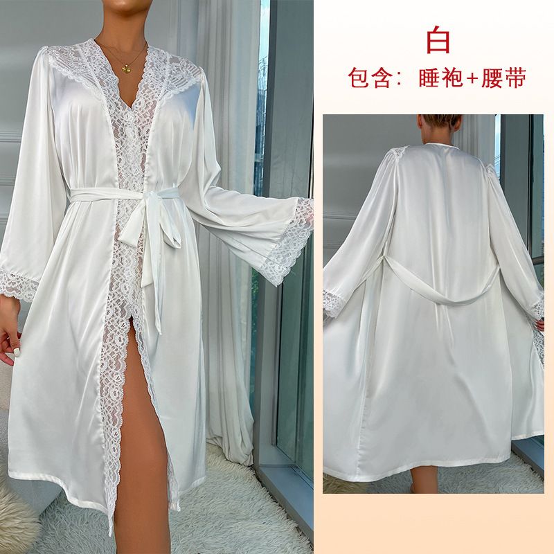 Feiyun cross border new satin pajamas women lace light luxury long sleeved cool nightgown bathrobe home clothes women 469_voghion.com