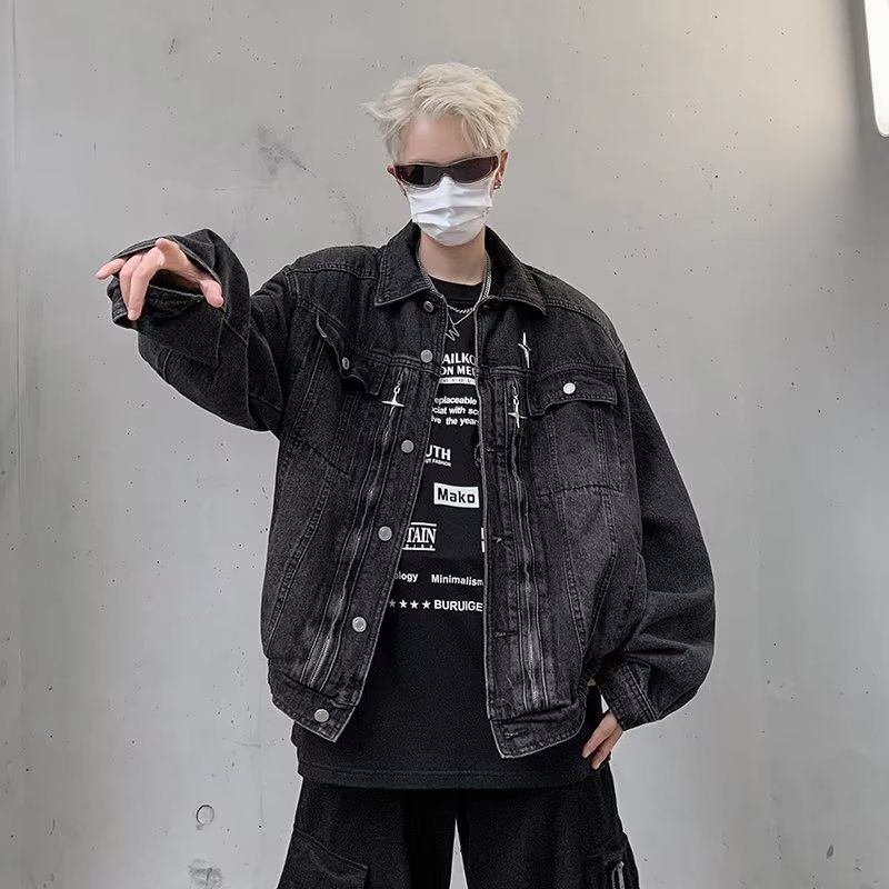 Veste en jean rembourrée aux épaules pour hommes, nouvelle niche en métal, ample et ample, printemps et automne, veste courte vintage délavée_voghion.com