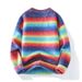 Sweater men's autumn and winter new style American rainbow stripe round neck loose casual pullover simple gradient_voghion.com