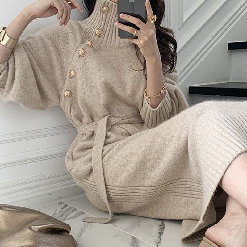 Robe pull à col roulé pour femmes, deux vêtements au dessus du genou, style à lacets, en tricot à la taille_voghion.com