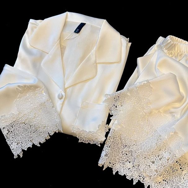 Unterwäsche & Nachtwäsche Weiches Pyjama-Set aus Eisseide für Damen, Langarm und Hose mit Spitzenbesatz, süße Homewear, Nachtwäsche, Lounge-Outfit_voghion.com