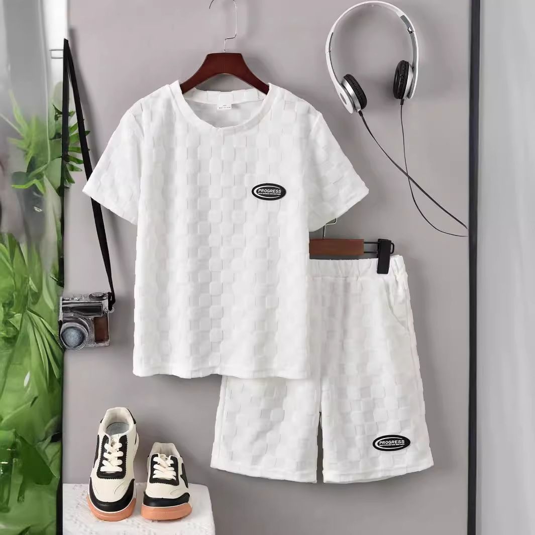 Lasten vaatteet 2024 Kevät ja Kesä Kolmiulotteinen valkoinen kangas Lyhythihainen T-paita ja shortsit Kaksiosainen setti_voghion.com