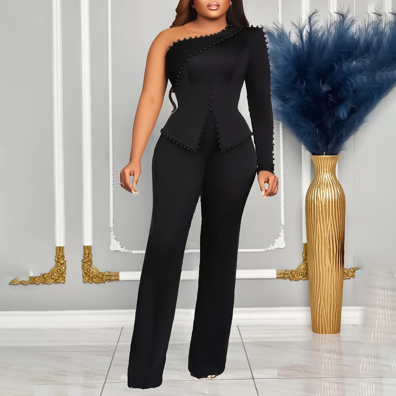 women's clothing two-piece plus-size set with diagonal shoulder studded beads_voghion.com