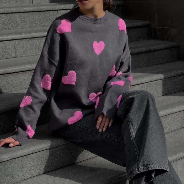 Amour des femmes brodé col rond automne et pull d'hiver pour les femmes transfrontalières en gros Europe lâche décontracté épaissi haut pull_voghion.com