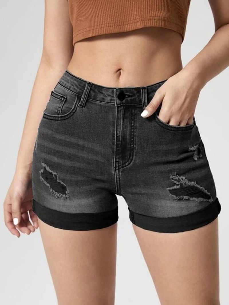 Modische, hoch taillierte, zerrissene Shorts für Damen mit Stretch-Jeans und geradem Bein_voghion.com