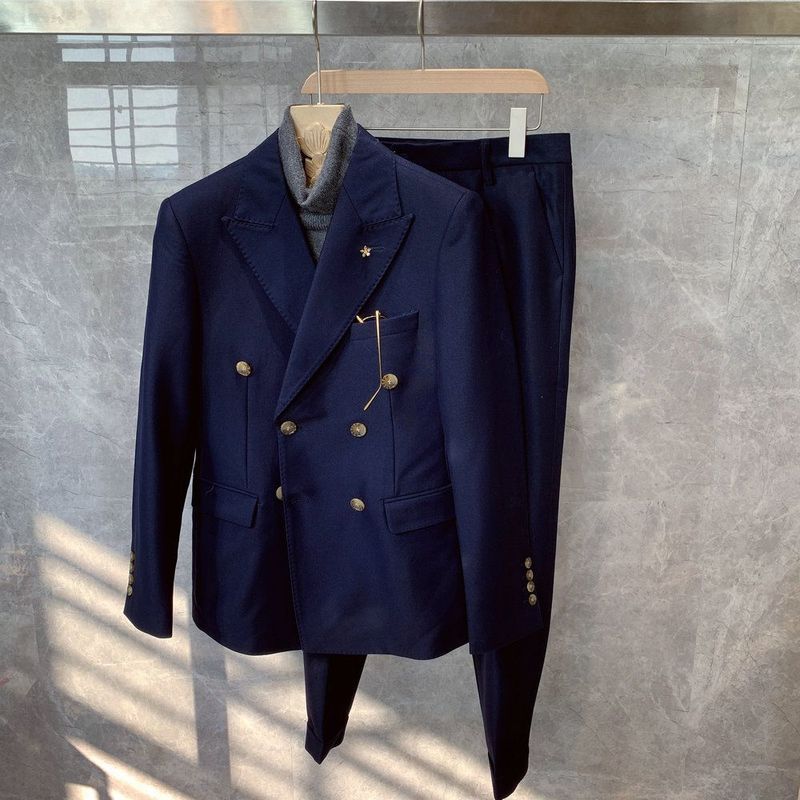 Men's Clothing Retro Solid Color Slim Fit Double Breasted Suit Jacket Suit Men's Trendy Fashion Suit Two Piece Suit_voghion.com