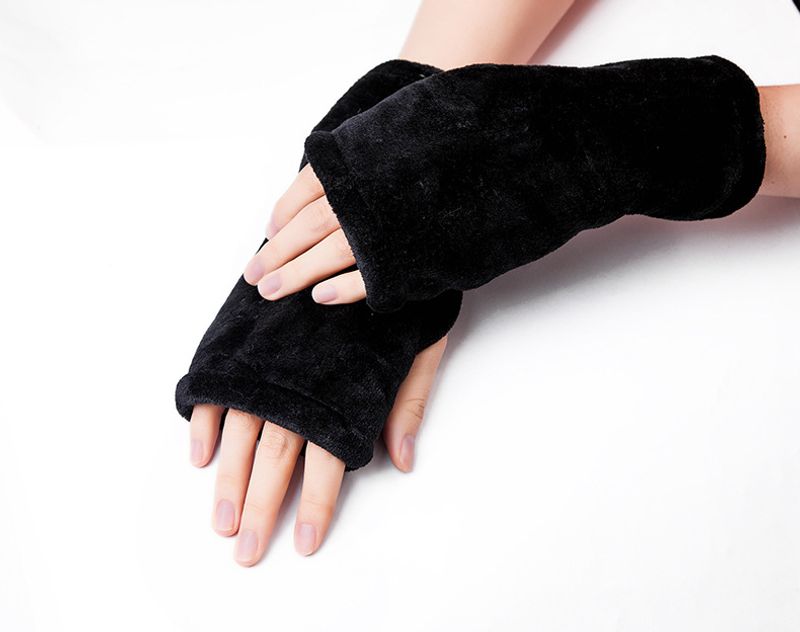 Unisex Thickened flannel half-finger gloves leopard print solid black gloves for men and women_voghion.com