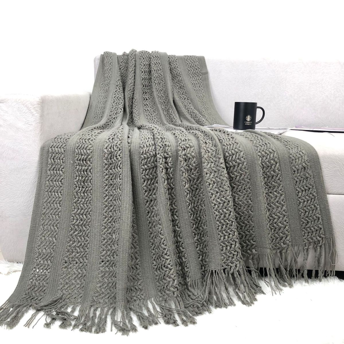 Coperta in maglia a trecce - Coperta in acrilico con design geometrico nordico per divano, letto e arredamento, 500-700 g, diversi colori e misure_voghion.com