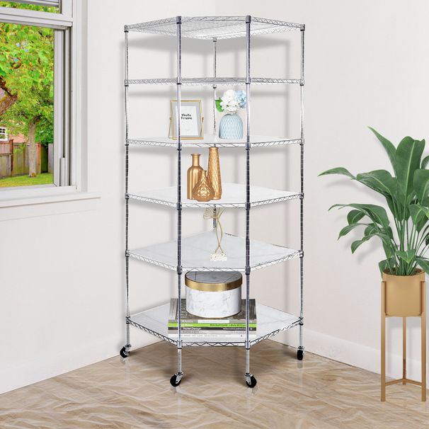 6-Layer Chrome Plated Polygonal Corner Shelf with 2" PP Wheels 680*680*1800 Silver_voghion.com