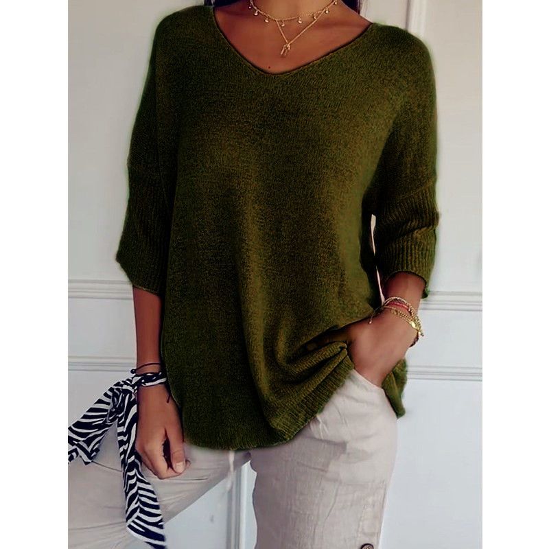 ​​Damen-Strickpullover mit V-Ausschnitt, lässig, leicht, lockere Passform, Tunika-Oberteil, langärmliger Pullover, weich, dehnbar, Basic-Schichtteil​​_voghion.com