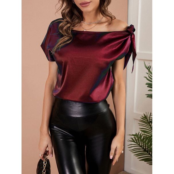 women's  tie-shoulder asymmetric collar satin top_voghion.com