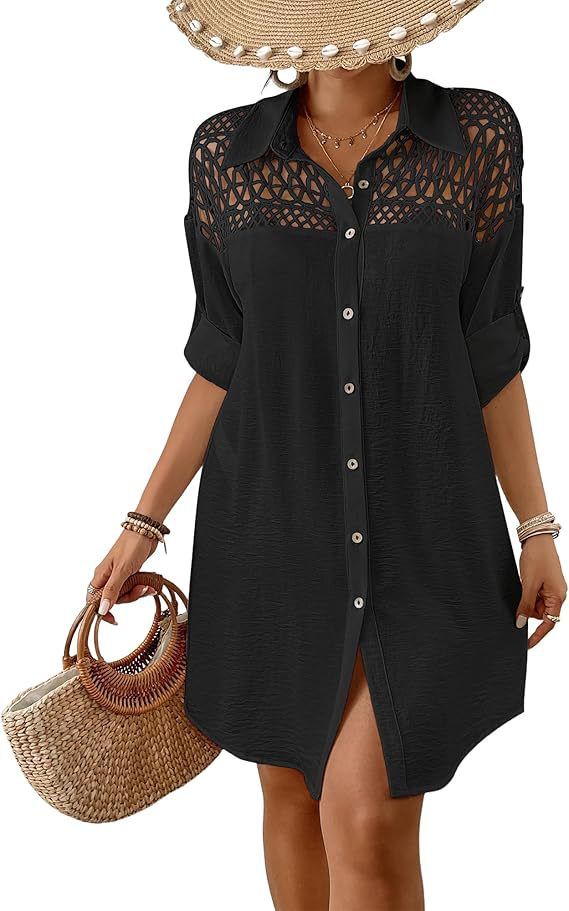 Elegante camicetta con pizzo a rete trasparente - Camicia estiva da spiaggia da donna, tunica ampia a maniche lunghe, stile casual e da vacanza (bianco/nero)_voghion.com