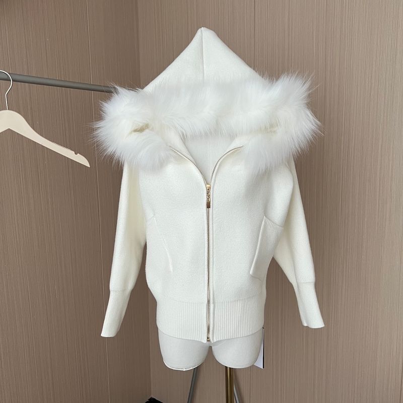 Kikimi Little Milk Women's Winter Hoodie Pink Orange Knitted Fox Big Fur Neck Short Coat_voghion.com