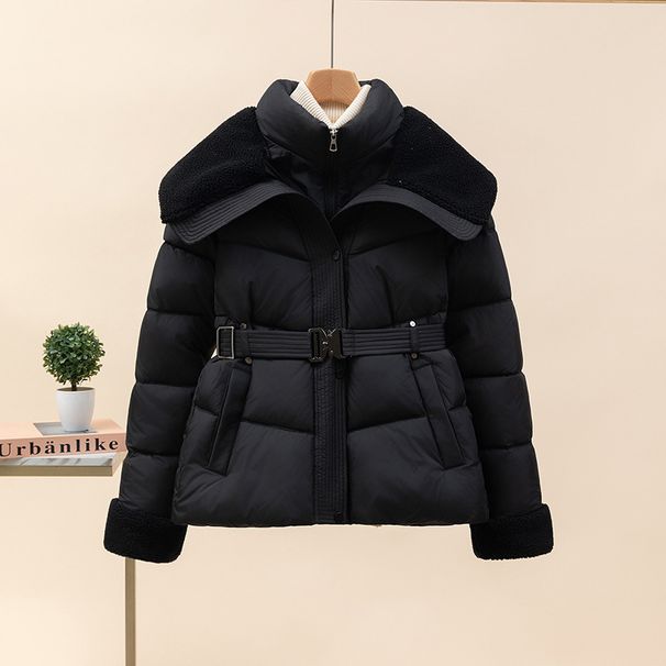 Women's Winter Short Puffer Jacket With Faux Shearling Collar - Slim Fit Waist-Defining Zip-Up Coat For Elegant Commute_voghion.com
