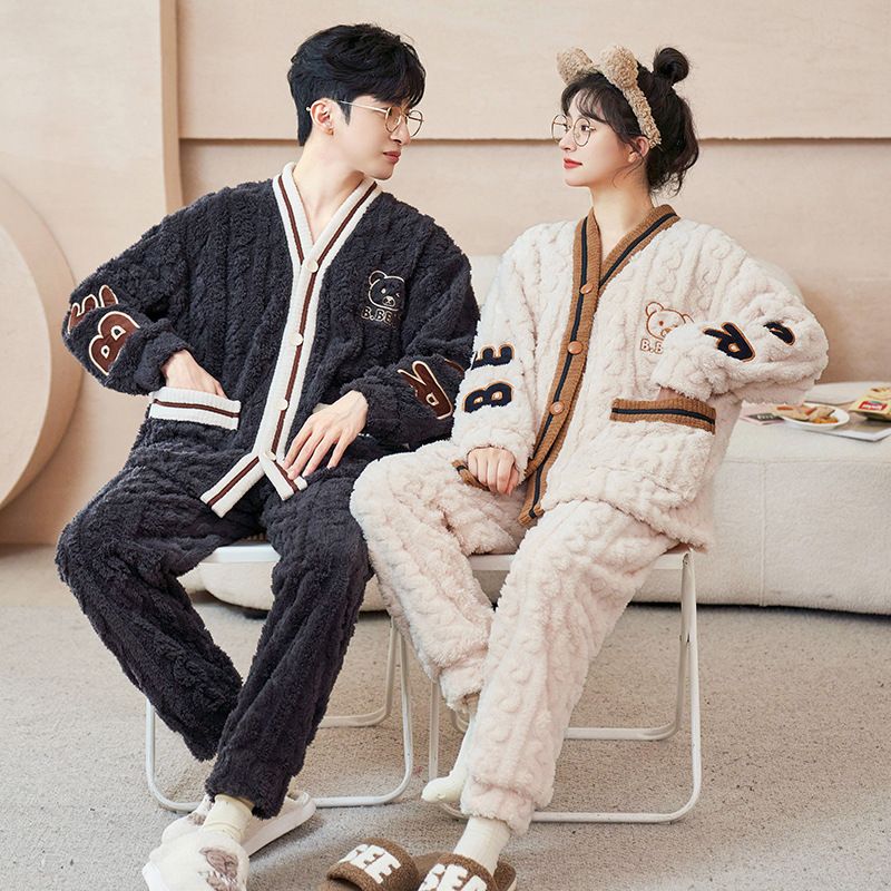 Flanell-Pyjama-Set für Paare im Winter für Damen, Korallenfleece für den Herbst und Winter, dicke Flanell-Hauskleidung für Herren_voghion.com
