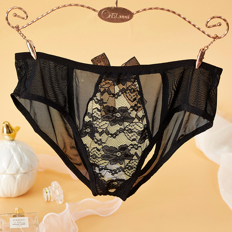Sexy Unterwäsche für Damen, transparent, Spitzenband, Schleife, Netzstoff, offener Schritt, kein Tropfen, G-String, T-Hose, Damen_voghion.com