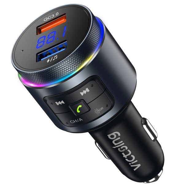 Trasmettitore per auto V5.0 aggiornato, QC3.0 e adattatore radio FM wireless retroilluminato a LED, lettore musicale/kit per auto con chiamate in vivavoce_voghion.com