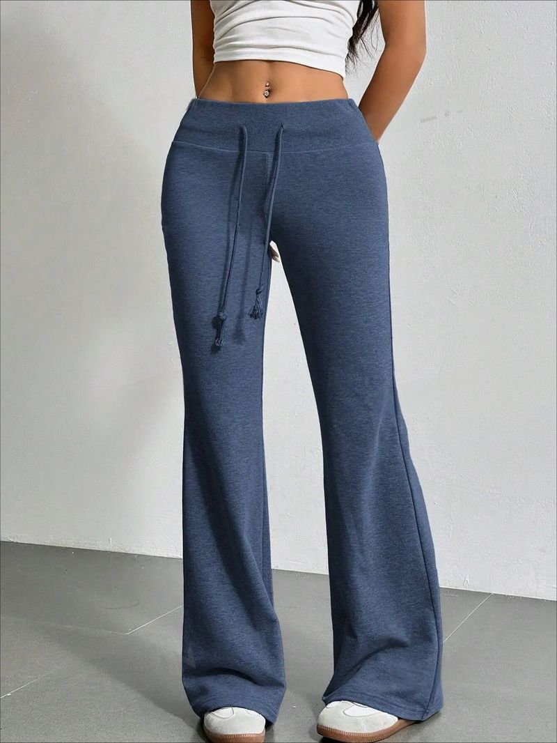 2025 Primavera/Verão Novas Calças Femininas com Cordão Cintura Alta Casual Cor Sólida Boca de Sino_voghion.com