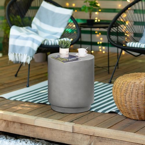 Round Side Table, Lightweight Accent Table With Concrete Finish, Nightstand With 4 Adjustable Feet For Indoor, Outdoor, Light Grey_voghion.com
