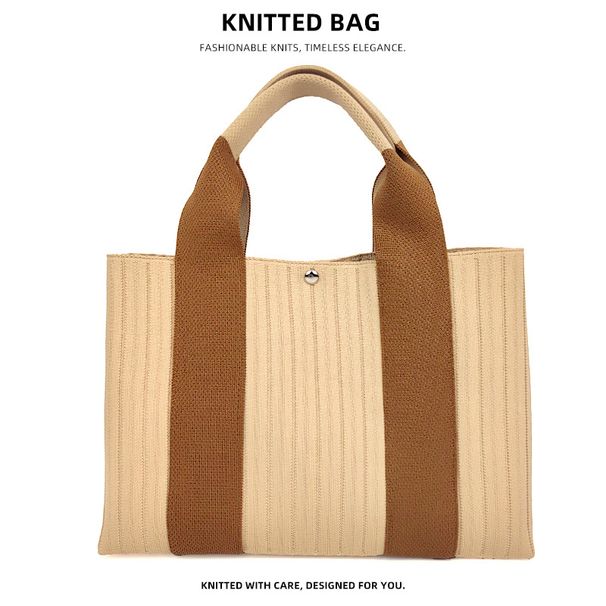 Koreanischer und japanischer Stil Farbblock Aushöhlen Handtasche Schulter Strickgarn Einkaufstasche für Studentinnen_voghion.com