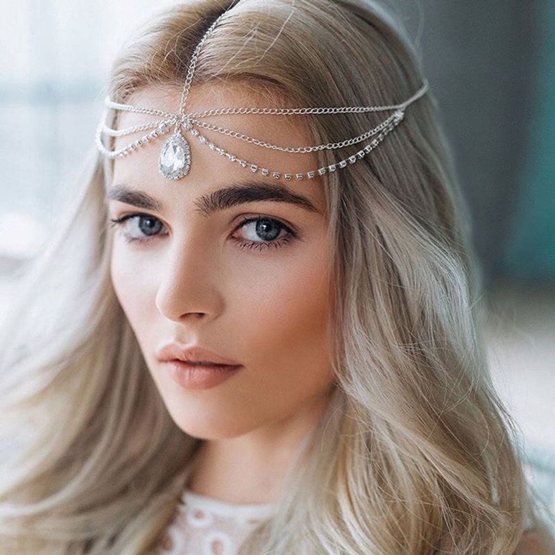 Large crystal pendant rhinestones chain Metal chain combination headband Headband headdress_voghion.com