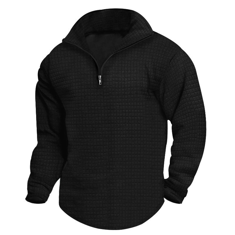 Kleines Karo-Kapuzenpullover für Herren im Frühling und Herbst, Stehkragen, halber Reißverschluss, Kapuzenpullover für Herren_voghion.com
