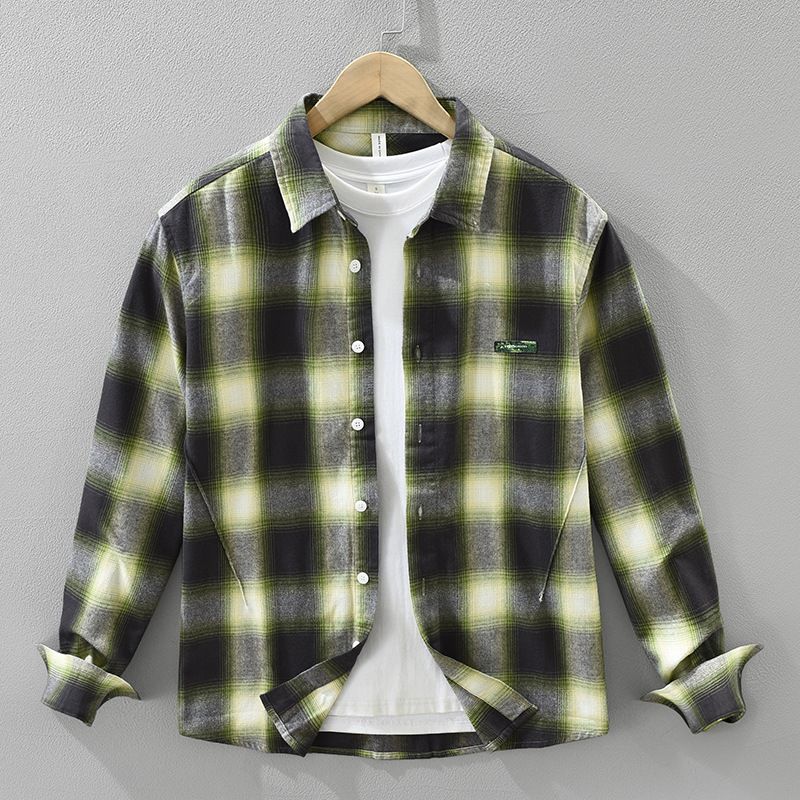 Camicia a maniche lunghe a quadri retrò da uomo, alla moda e versatile, top casual e ampio._voghion.com