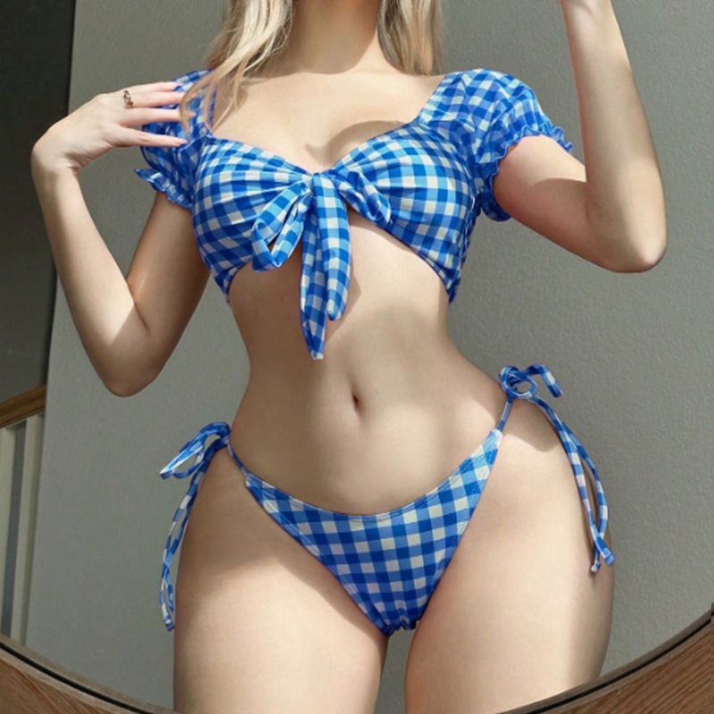 Women's Clothing Exclusive Split Swimsuit Sexy Bikini Girl Plaid Strap Swimsuit Beach Vacation Swimsuit Female_voghion.com