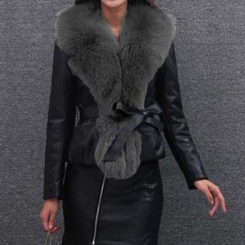 Women's short fox collar fur winter new pu leather coat_voghion.com