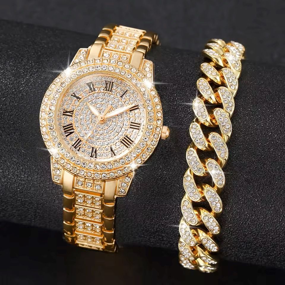 Luxury Roman Numeral Dial Watch With Full Diamond Accents & Hip-Hop Style Bracelet Set - Quartz Movement, Stainless Steel Band_voghion.com