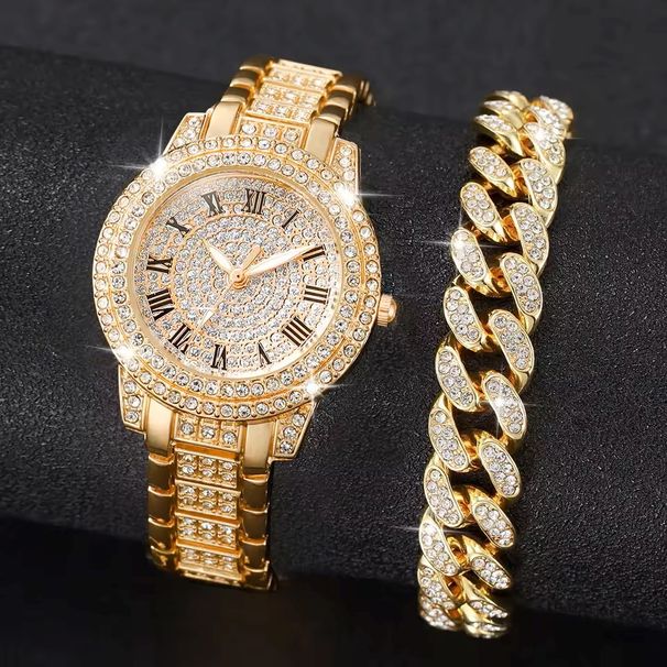 Luxury Roman Numeral Dial Watch With Full Diamond Accents & Hip-Hop Style Bracelet Set - Quartz Movement, Stainless Steel Band_voghion.com