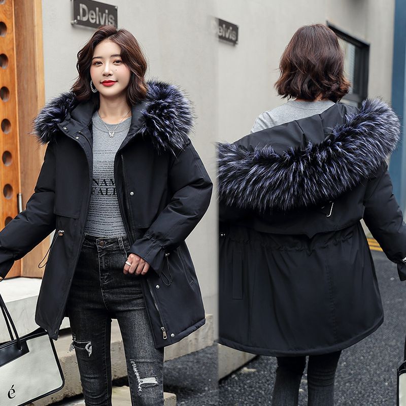 Abbigliamento donna Giacca da donna di media lunghezza in cotone con collo in pelliccia e cappuccio_voghion.com