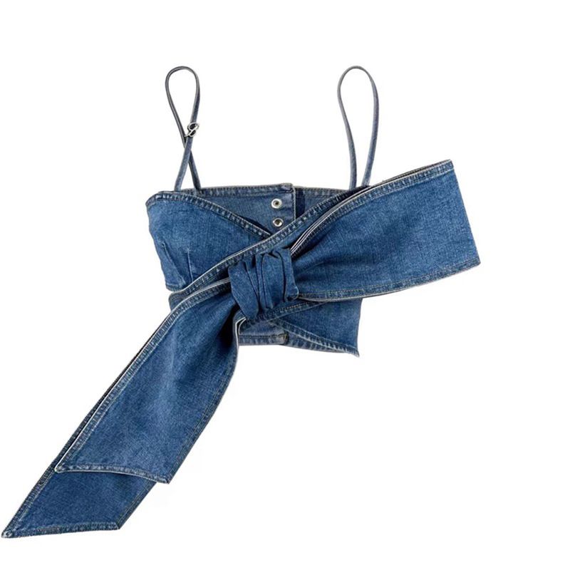 Yeni Retro Sıcak Kız Kişilik Üç Boyutlu Fiyonklu Tüp Üst Yelek Düğüm Düz Geniş Paça Yıpranmış Kot Pantolon Takımı_voghion.com