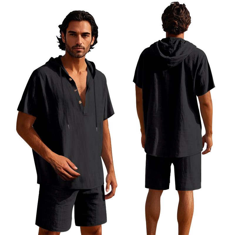 Herrenbekleidung Neue Herren Einfarbig Leinen Kapuze Lässig Kurzarmhemd Strandshorts Zweiteiliger Anzug_voghion.com