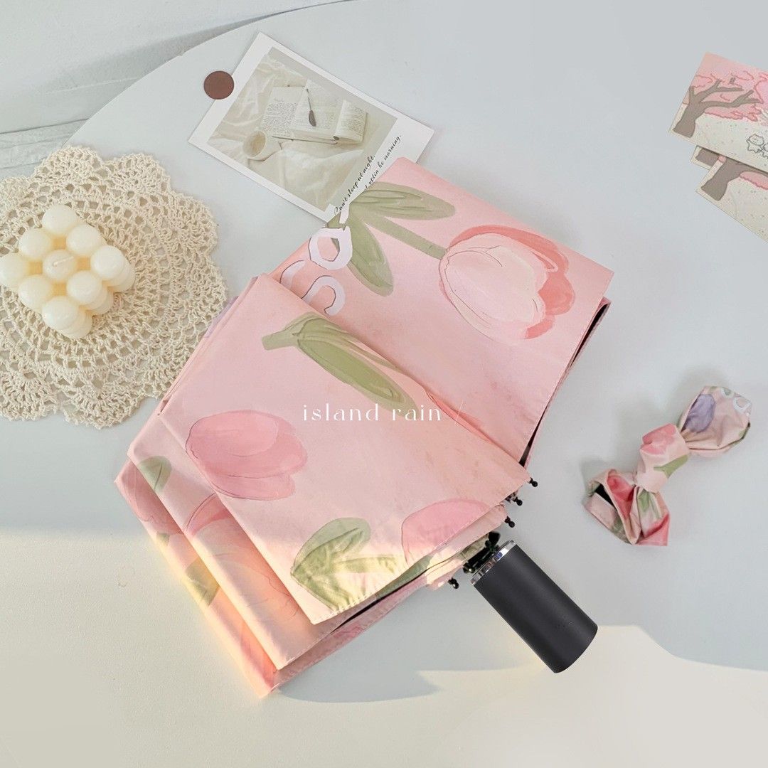 8 osso guarda-sol rosa tulipa senhoras guarda-sol preto cola protetor solar três dobras guarda-chuva dobrável ensolarado e chuvoso_voghion.com