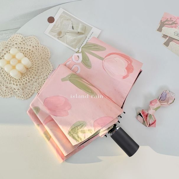 8 osso guarda-sol rosa tulipa senhoras guarda-sol preto cola protetor solar três dobras guarda-chuva dobrável ensolarado e chuvoso_voghion.com