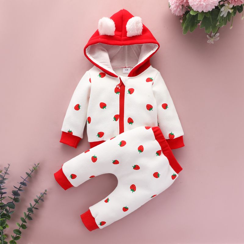 Babykleding baby's en jonge kinderen zijn dol op pak met capuchon baby herfst- en wintertrui met lange mouwen en rits trui broek aardbei tweedelige set_voghion.com