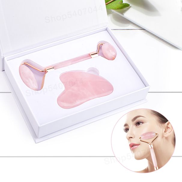 2pcs Boxed Thicken Rose Quartz Jade Roller Massager For Face Natural Pink Guasha Board Scraper Rollers Facial Lifting Tool Set_voghion.com