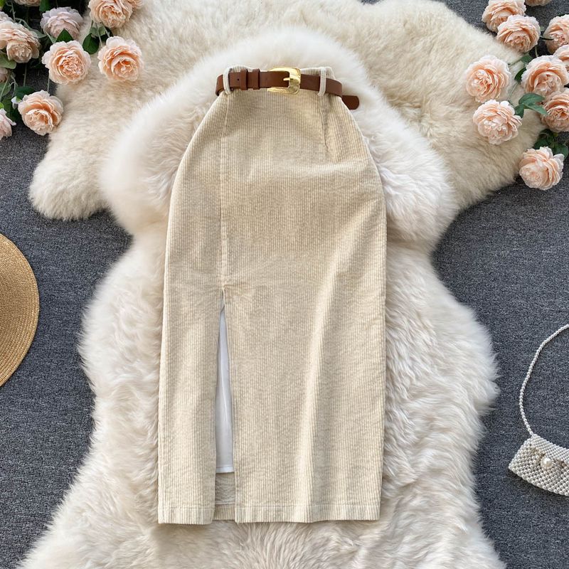 Hong Kong Style Vintage Split Skirt Winter Sweater Mid-length Korean Style Elegant High Waist Slimming Hip A- line Skirt_voghion.com